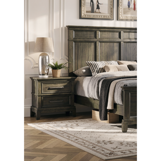 Sunvega Contemporary Gray Nightstand with Pewter Bar Pulls and Crown Molding Details