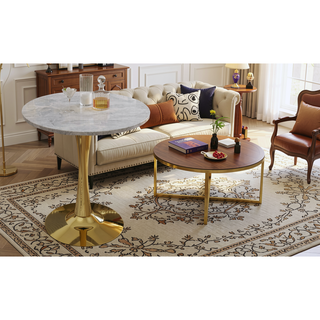 Sunvega Round White Pedestal Side Table with Marble Effect Top for Living Room