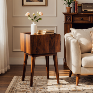 Sunvega Light Brown Chestnut Mango Wood Nightstand with Nordic Legs and Drawer