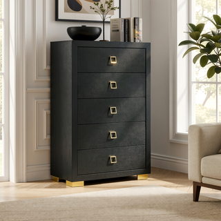 Sunvega Contemporary Black Chest with Gold Square Pulls and Metal Bracket Legs