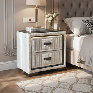 Sunvega Upholstered Frame Nightstand with Spacious Drawers and LED Light
