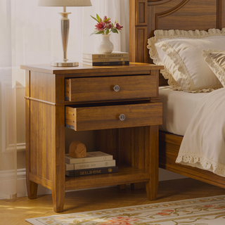 Sunvega Light Golden Brown Solid Wood Bedside Table with Two Spacious Drawers