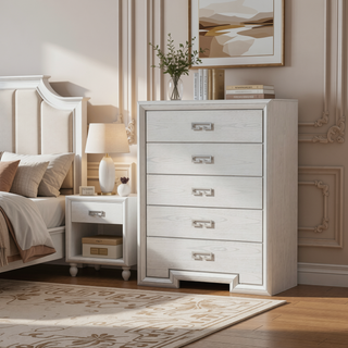 Sunvega Transitional Rustic White Bedroom Chest with Metal Handles and Ball Bearing Glides