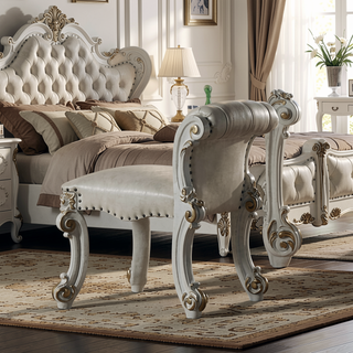 Sunvega Beige and Antique Silver Upholstered Vanity Stool with Nailhead Trim and Button Tufting