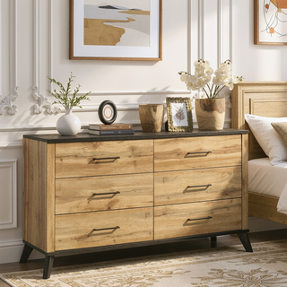 Sunvega Mid-Century Modern 6-Drawer Dresser with Rustic Pine Finish