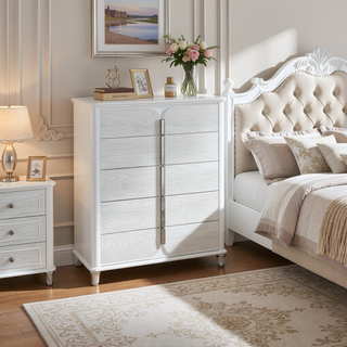 Sunvega White Upholstered Chest with Textured Drawer Fronts and Acrylic Legs