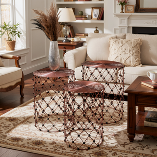 Sunvega Black and Gold Powder-Coated Iron Nesting Stools Set of 3