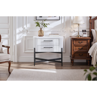 Sunvega White 2 Drawer Nightstand with USB Charging Port and Reeded Fronts