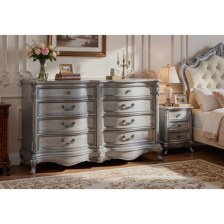 Sunvega Antique Platinum Finish Nightstand with Intricate Details for Bedroom