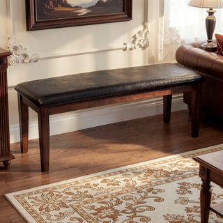 Sunvega Cherry Finish Wood Frame Bench with Dark Brown Faux Leather Upholstered Seat