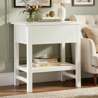 Sunvega Antique White Distressed Finish Nightstand with Faux Keyhole Accent