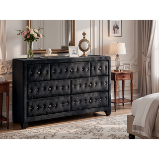 Sunvega Cream Velvet Upholstered Crystal Tufted 7-Drawer Dresser with Wood Frame