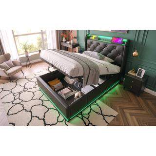 Sunvega Full Size Upholstered Bed with 360 LED Lighting Hydraulic Storage and USB Charging