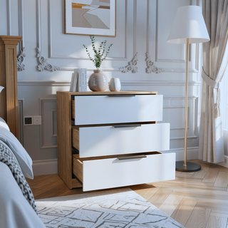 Sunvega Modern 3 Drawer Dresser with Spacious Top Surface in White and Light Oak