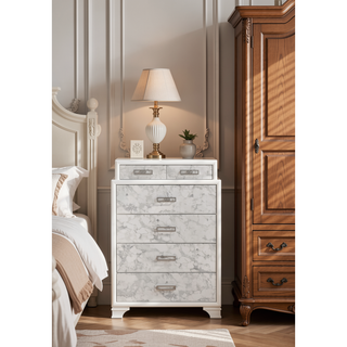 Sunvega Modern White Chest with Marble Accent Drawers and Silver Handles for Bedroom