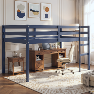 Sunvega Espresso Rubber Wood Low Height Loft Bed with Ladder for Bedroom