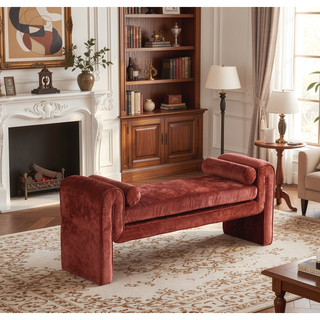 Sunvega Modern Glam Accent Bench with Chenille Upholstery and Bolster Pillows