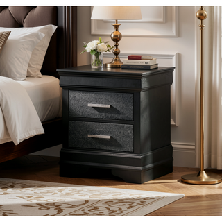 Sunvega Modern Glam Black Finish Two Drawer Nightstand with Crystal-Like Button Tufted