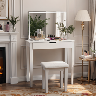 Sunvega White Dimmable LED Vanity Desk Set With Mirror And Storage Drawer