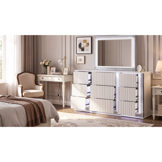 Sunvega White LED Dresser with Diamond Side Accents and Velvet Lined Drawers