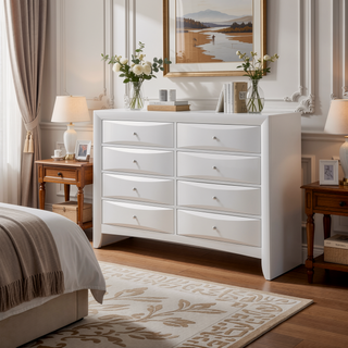 Sunvega White Finish Dresser with Eight Spacious Drawers and Durable Dovetail Joints