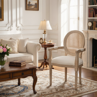Sunvega French Style Solid Wood Frame Linen Fabric Oval Back Dining Chairs Set of 2