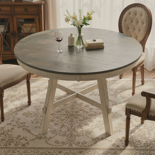 Sunvega Modern Farmhouse Round Dining Table with Greywash and Antique White Finish