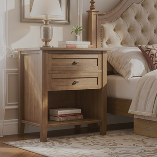 Sunvega Solid Wood Bedside Table with Two Drawers and Lower Shelf Storage