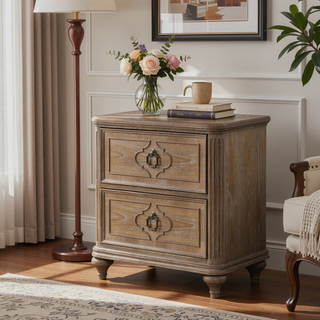 Sunvega Rustic Oak Veneer Nightstand with USB-A and USB-C Charging Station