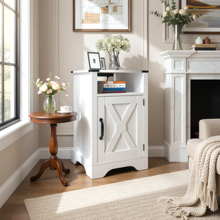 Sunvega White Oak Farmhouse Nightstand with Charging Station and Ample Storage