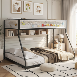 Sunvega Twin Over Full Metal Bunk Bed with Mesh Guard Rail and Stable Ladder