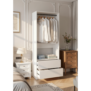 Sunvega White Wood Walk-In Closet with Two Rods and Oak Finish