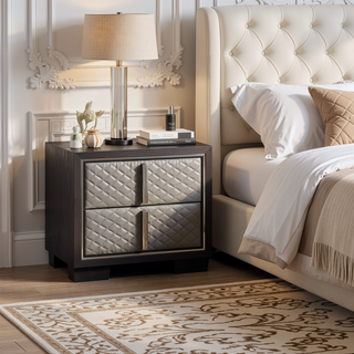 Sunvega Silver and Black Nightstand with Diamond Quilted Drawer Fronts