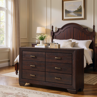 Sunvega Transitional Dark Cocoa Dresser with Six Spacious Drawers for Modern Bedrooms
