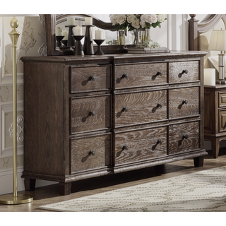 Sunvega Weathered Oak Finish Dresser with Nine Spacious Drawers and Felt-Lined Top
