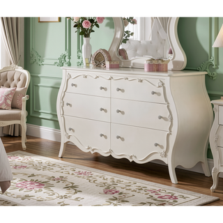Sunvega Pearl White Finish Dresser with Scrolled Inlay Details and Spacious Drawers