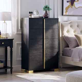 Sunvega Modern Art Deco White Five-Drawer Chest with Gold Hardware and Smooth Glide