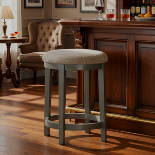Sunvega Set of 2 Counter Height Stools with Round Polyester Seat and Gray Wood