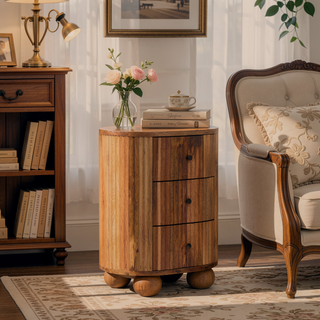 Sunvega Solid Mango Wood 3 Drawer Bedside Table with Oak Finish