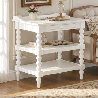 Sunvega Antique White Aria Nightstand with Pull-Out Tray and Vintage Spool Turned Legs