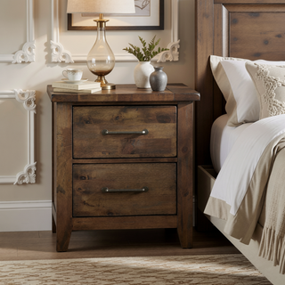 Sunvega Solid Rubberwood Nightstand with Burnished Brown Finish and 2 Dovetail Drawers
