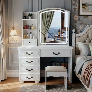 Sunvega White Vanity Desk with Mirror and Lights for Makeup with 6 Drawers