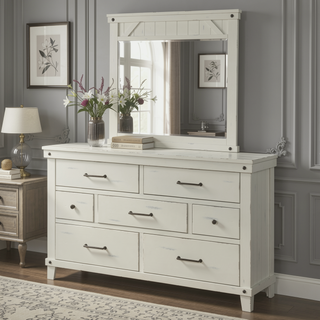 Sunvega 7 Drawer Dresser with Burnished Brass Hardware and Medium Distressing