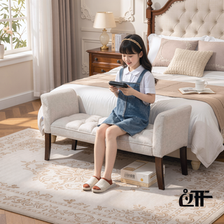 Sunvega Traditional Button Tufted Upholstered Bench with Arms and Solid Wood Legs for Bedroom