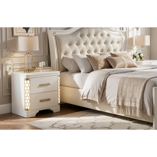 Sunvega Beige Wood Nightstand with Side LED Lighting and Spacious Drawers