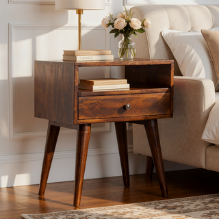 Sunvega Modern Chestnut Solid Wood Bedside Table with Drawer and Open Slot