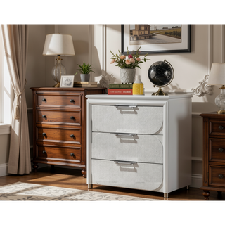 Sunvega Contemporary Glam Pearl White Nightstand with Embossed Panels and Acrylic Handles