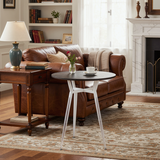Sunvega Clara Industrial Round Dinette Table with Vintage White Metal and Espresso Wood Top