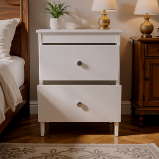 Sunvega Compact White Nightstand with 2 Smooth-Gliding Drawers for Bedroom Storage