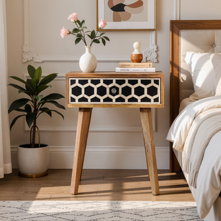 Sunvega Timeless Elegance Bone Inlay Tapered Nightstand with 1-Drawer and Nordic Legs